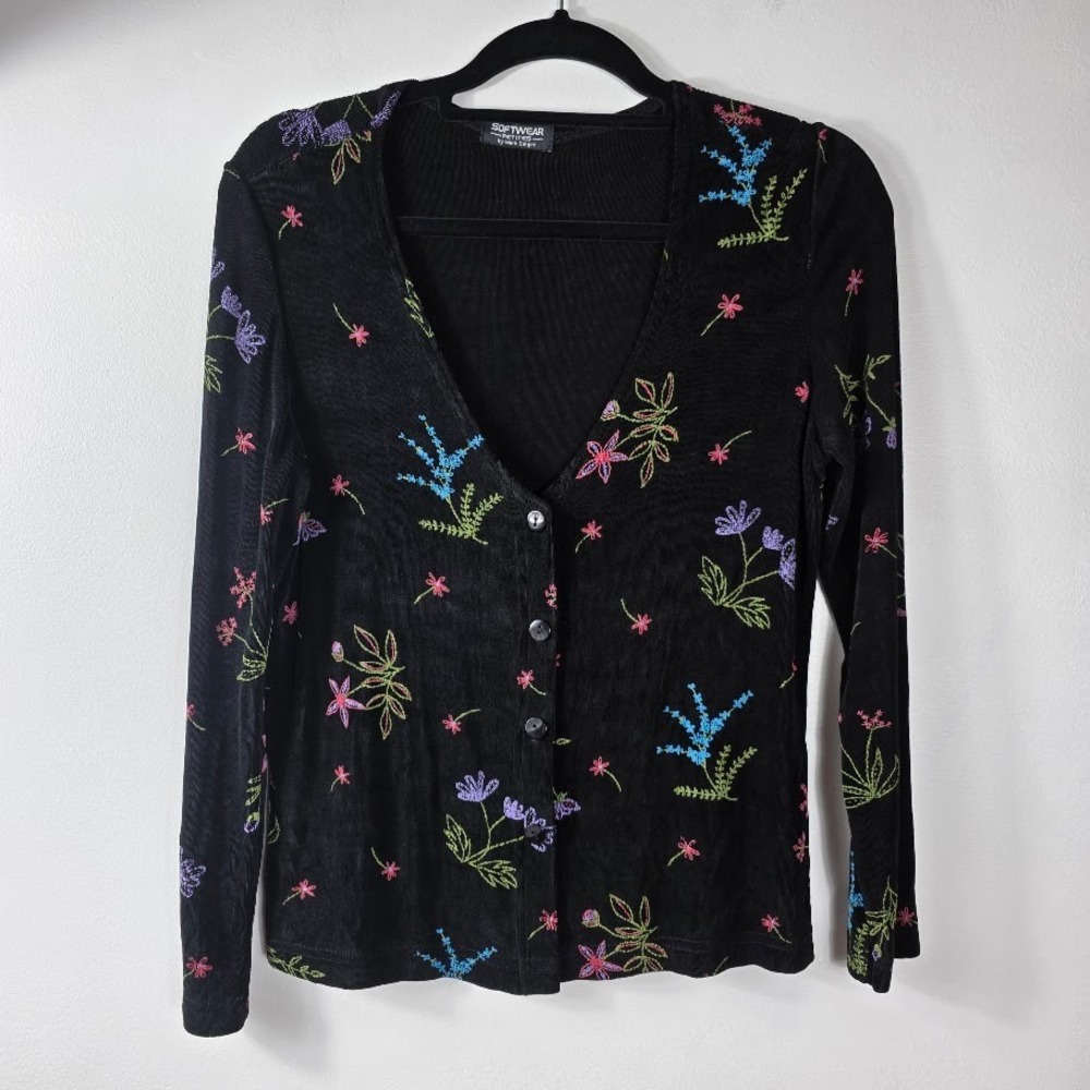 SOFTWEAR‎ Knit Embordered  by Mark Singer Black Floral Embroidered Petite Sz Med